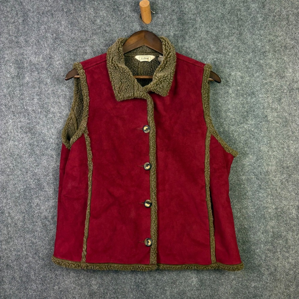 LL Bean Vest Womens Large Red Faux Suede Sherpa Lined Button Front Outdoor